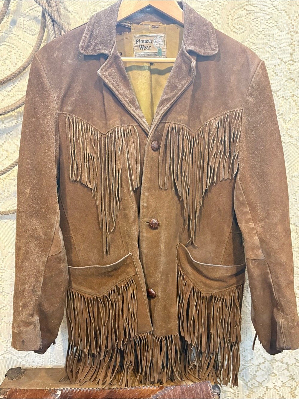 1970s Vintage Pioneer Wear Men's Brown Suede Fringe Leather Jacket size 36